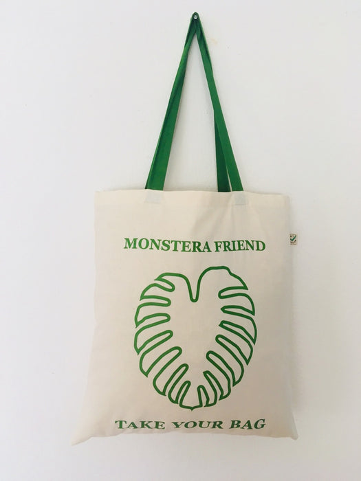 MONSTERA FRIEND - beige bag with green handle - 38 x 42 cm