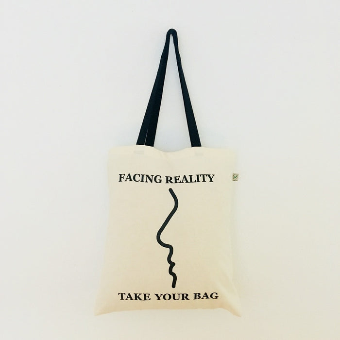 FACING REALITY - beige bag with black handle - 38 x 42 cm