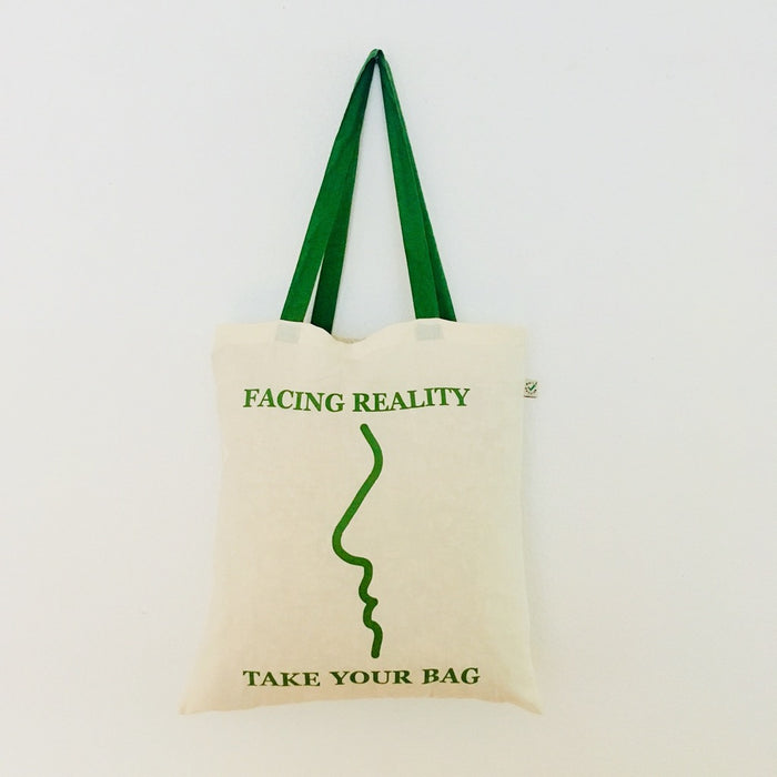 FACING REALITY - beige bag with green handle - 38 x 42 cm