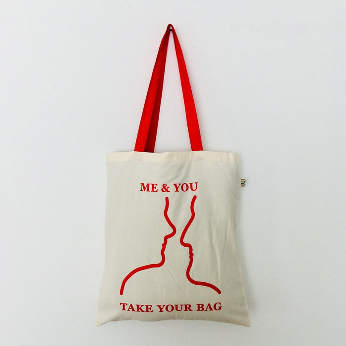 ME & YOU - beige bag with red handle - 38 x 42 cm
