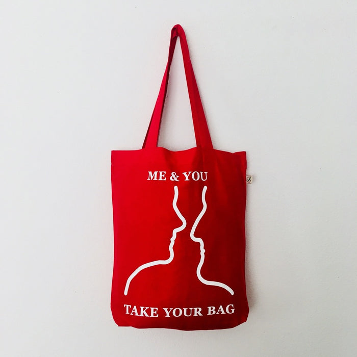 Red TAKE YOUR BAG with white ME & YOU design by TOMs FLOWer CLUB made of 100% organic cotton, EarthPositive® certified, various colours, Swiss designed, premium quality, world wide shipping.