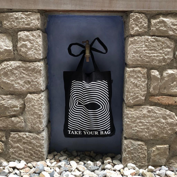 Black TAKE YOUR BAG with white FISH design by TOMs FLOWer CLUB made of 100% organic cotton, EarthPositive® certified, various colours, Swiss designed, premium quality, world wide shipping.
