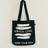Black TAKE YOUR BAG with white GREEN LINE design by TOMs FLOWer CLUB made of 100% organic cotton, EarthPositive® certified, various colours, Swiss designed, premium quality, world wide shipping.