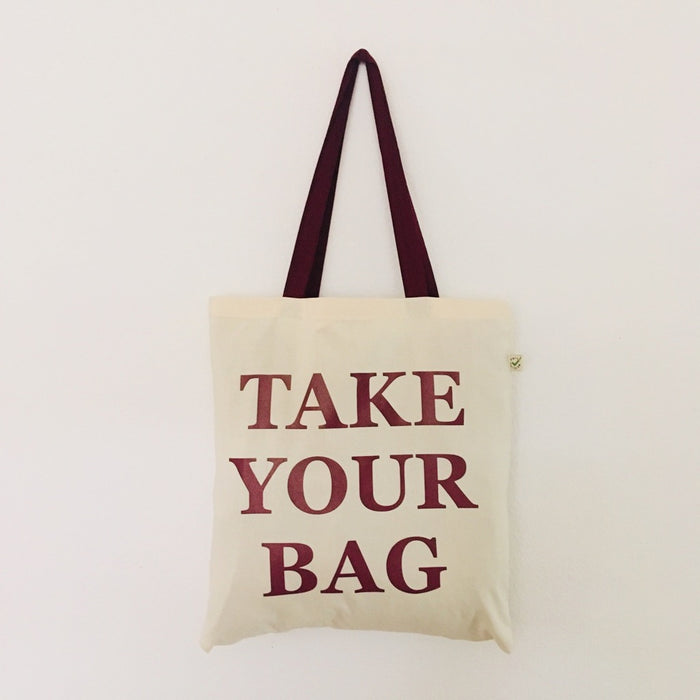 TAKE YOUR BAG - beige bag with burgundy handle - 38 x 42 cm