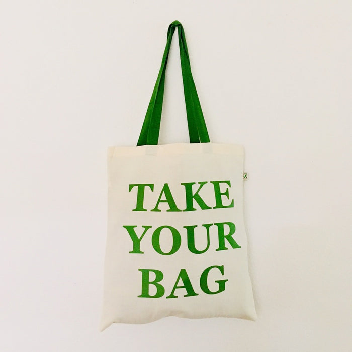 TAKE YOUR BAG - beige bag with green handle - 38 x 42 cm
