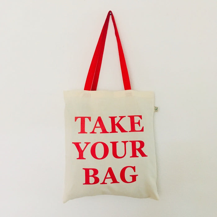 TAKE YOUR BAG - beige bag with red handle - 38 x 42 cm