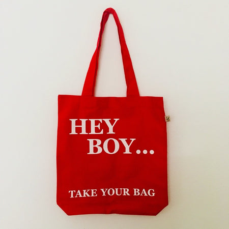 Red TAKE YOUR BAG with white HEY BOY design by TOMs FLOWer CLUB made of 100% organic cotton, EarthPositive® certified, various colours, Swiss designed, premium quality, world wide shipping, Boy George, Boyzone, Philipp Boy