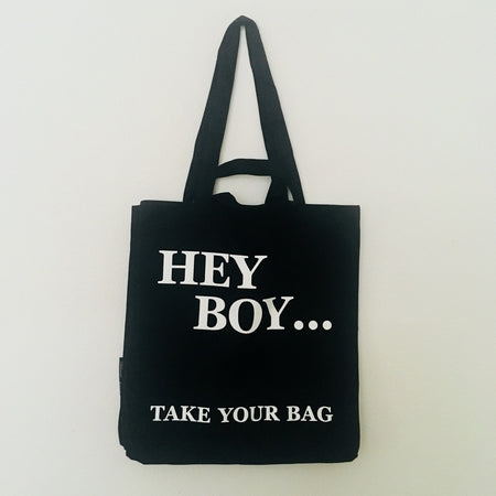 Black TAKE YOUR BAG made of 100% organic cotton, NEUTRAL® and FAIRTRADE® certified with white HEY BOY design, Boy George, Boyzone, Philipp Boy