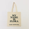 Organic cotton, certified cotton bags, Swiss design, TAKE YOUR BAG, TOMS FLOWER CLUB, Stofftasche, tote bag, shopping bag, Einkaufstasche, NEUTRAL, Certified Responsibility, EarthPositive, FAIRTRADE, my name is Flora