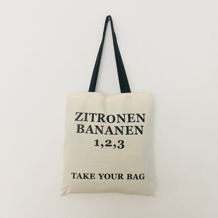 ZITRONEN, BANANEN, 1,2,3 - beige bag with black handle - 38 x 42 cm