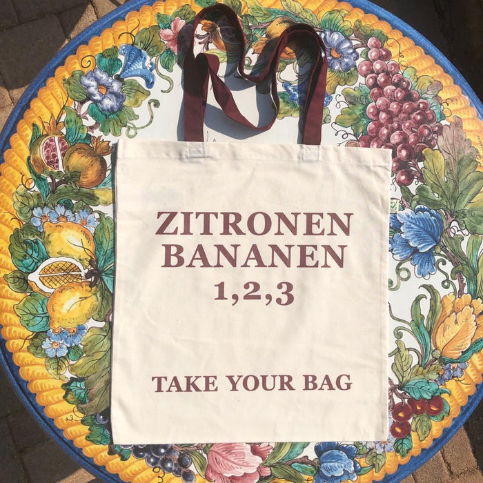 ZITRONEN, BANANEN, 1,2,3 - beige bag with burgundy handle - 38 x 42 cm