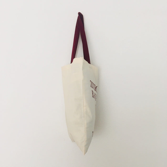 ZITRONEN, BANANEN, 1,2,3 - beige bag with burgundy handle - 38 x 42 cm