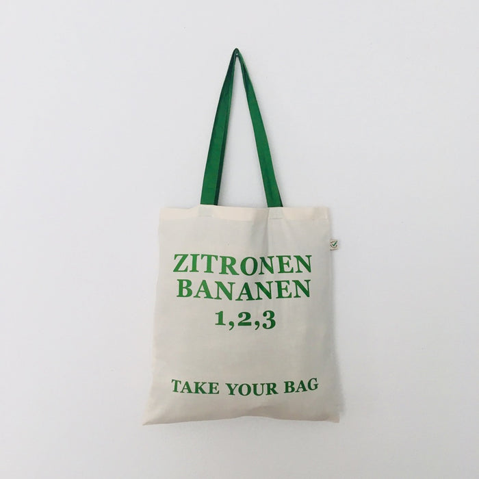 ZITRONEN, BANANEN, 1,2,3 - beige bag with green handle - 38 x 42 cm