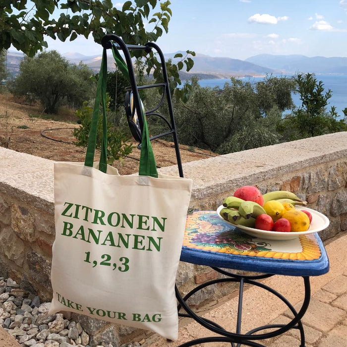 ZITRONEN, BANANEN, 1,2,3 - beige bag with green handle - 38 x 42 cm
