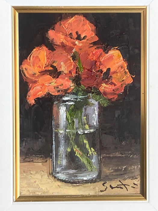 Jelica Santrac, Still life - three poppies in vase, acrylic, double framed for sale at TOMs FLOWer CLUB.