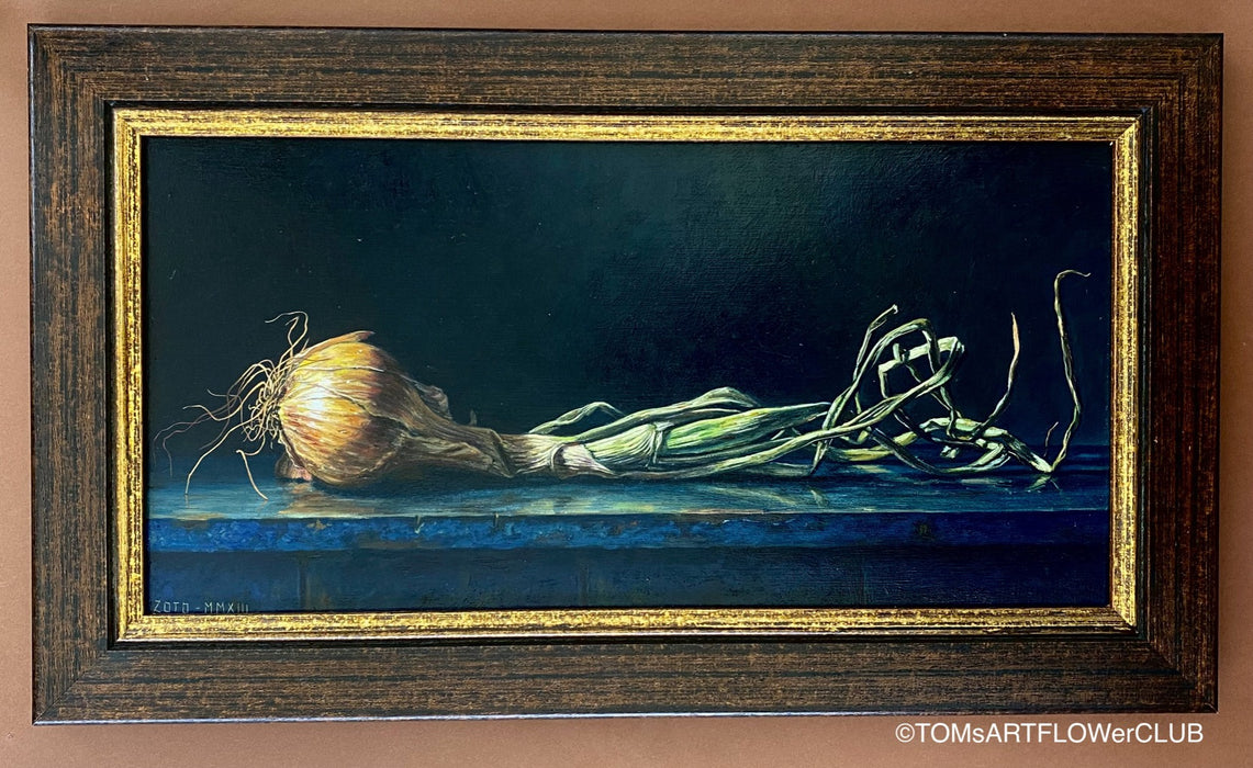 Zoto Rovinj, Onion, 2013, oil on wooden plate in wooden frame for sale at TOMs FLOWer CLUB.