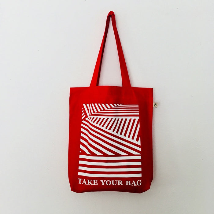 Red TAKE YOUR BAG with white LINEAR design by TOMs FLOWer CLUB made of 100% organic cotton, EarthPositive® certified, various colours, Swiss designed, premium quality, world wide shipping.