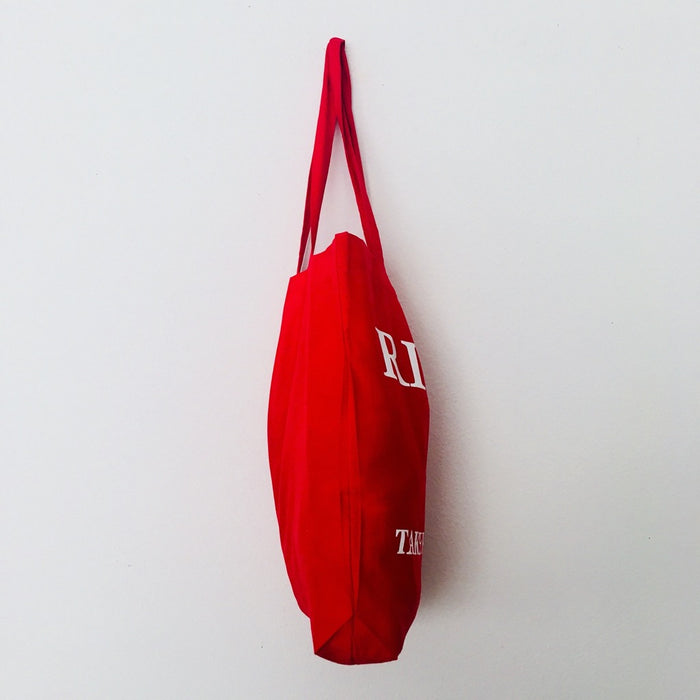 Red TAKE YOUR BAG with white RICH design by TOMs FLOWer CLUB made of 100% organic cotton, EarthPositive® certified, various colours, Swiss designed, premium quality, world wide shipping.