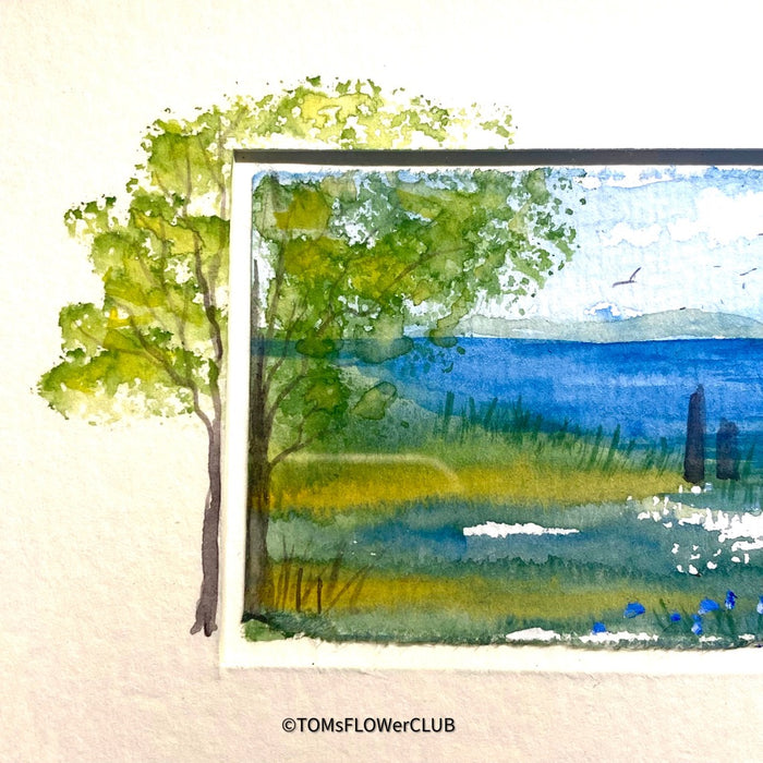 Dele Wulf, Summer at the Lake of Constance, Watercolour on paper, Aquarell, Akvarel, Bodensee Landschaft, 2006, wooden frame for sale at TOMs FLOWer CLUB.