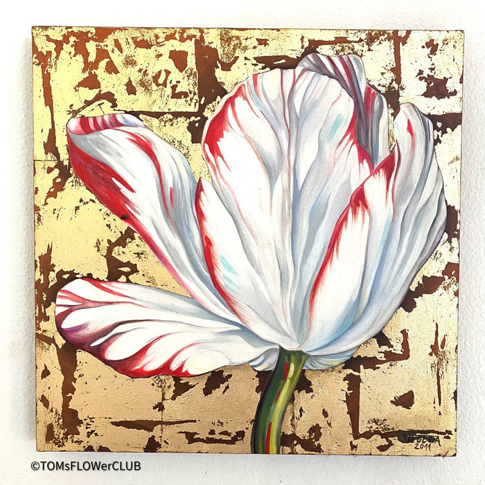 Michal Stegena, Parrot Tulip in Gold, 2011, acrylic mixed media on canvas, 50 x 50cm, for sale at TOMs FLOWer CLUB.