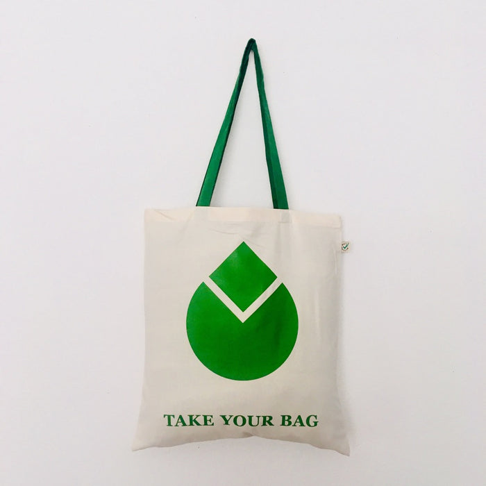 WATER DROP - beige bag with green handle - 38 x 42 cm