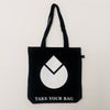 Black TAKE YOUR BAG with white WATER DROP design by TOMs FLOWer CLUB made of 100% organic cotton, EarthPositive® certified, various colours, Swiss designed, premium quality, world wide shipping.