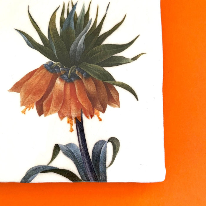 Fritillaria imperialis tile, glazed ceramic on terracotta, for sale at TOMs FLOWer CLUB.