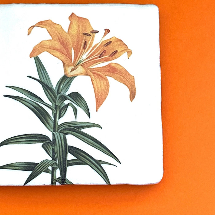 Orange Asiatic lily tile, glazed ceramic on terracotta, for sale at TOMs FLOWer CLUB.