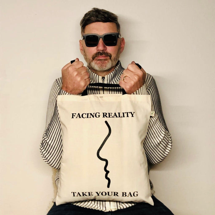 FACING REALITY Tote Bag – Organic Cotton - Fair Trade - beige bag with black handle - 38 x 42 cm