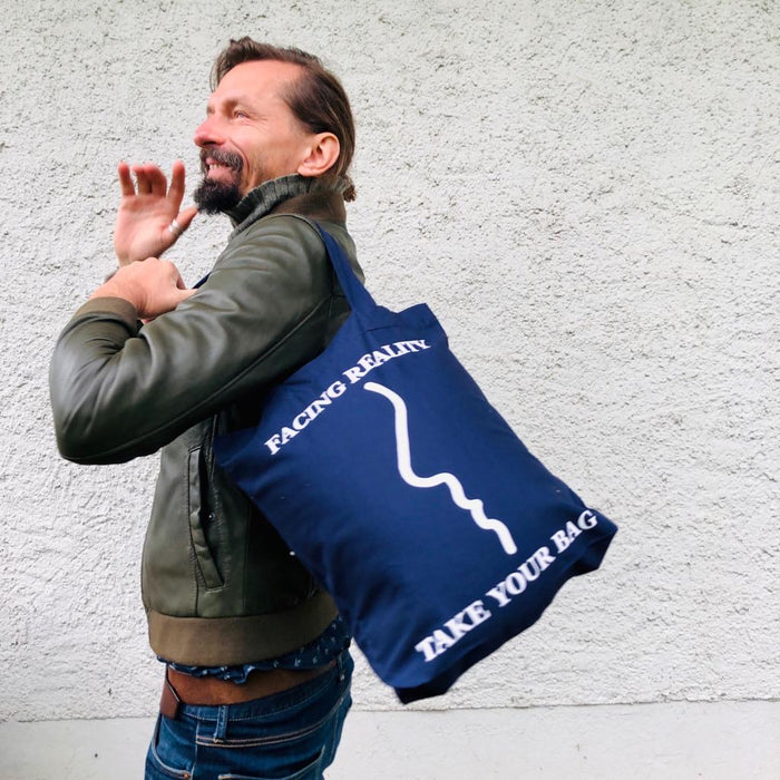 FACING REALITY Tote Bag – Organic Cotton - Fair Trade - navy blue - 36 x 40 x 7 cm