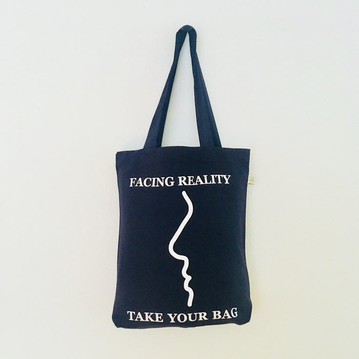 FACING REALITY Tote Bag – Organic Cotton - Fair Trade - navy blue - 36 x 40 x 7 cm