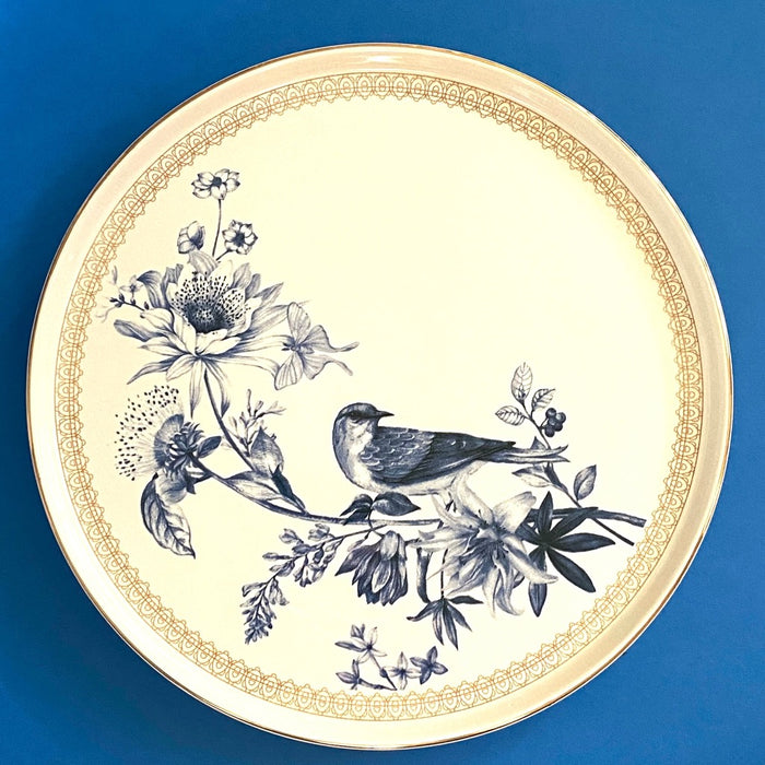 floral design, ESPILE; ceramic plate, birds, flowers, French style, land haus, blau, gold, shabby schick, floral design, offered for sale by TOMs FLOWer CLUB.