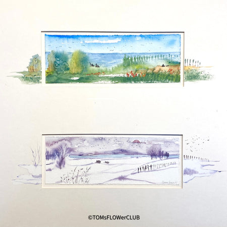Dele Wulf, Summer and Winter, Watercolour on paper, Aquarell, Akvarel, Bodensee Landschaft, 2006, wooden frame for sale at TOMs FLOWer CLUB.