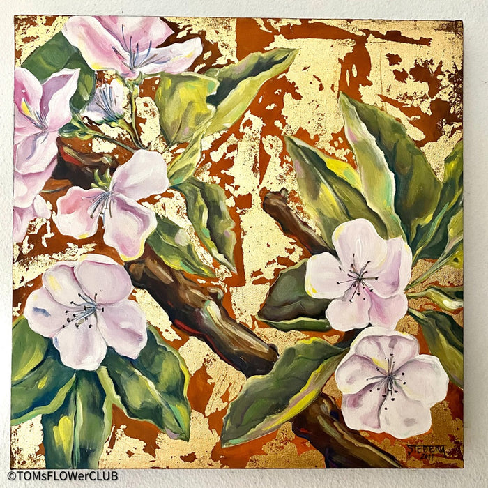 Michal Stegena, Cherry Blossom in Gold, 2011, acrylic mixed media on canvas, 50 x 50cm, for sale at TOMs FLOWer CLUB.