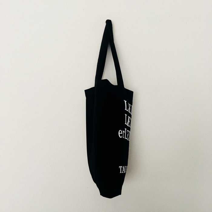 Black TAKE YOUR BAG with white LEBEN LEBENd erLEBEN design by TOMs FLOWer CLUB made of 100% organic cotton, EarthPositive® certified, various colours, Swiss designed, premium quality, world wide shipping.