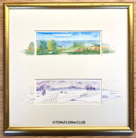 Dele Wulf, Summer and Winter, Watercolour on paper, Aquarell, Akvarel, Bodensee Landschaft, 2006, wooden frame for sale at TOMs FLOWer CLUB.