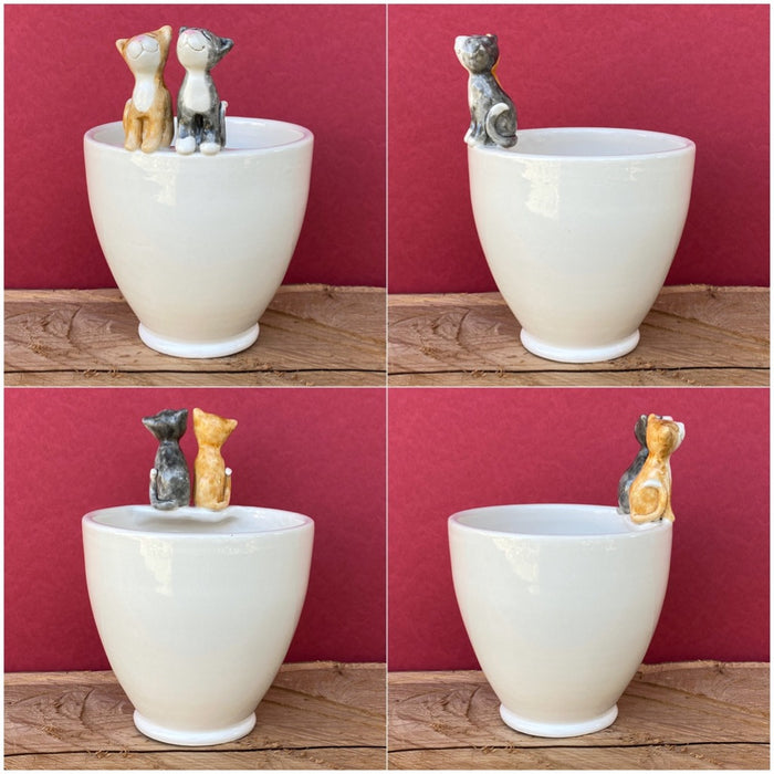Ceramic plant pot with two cats