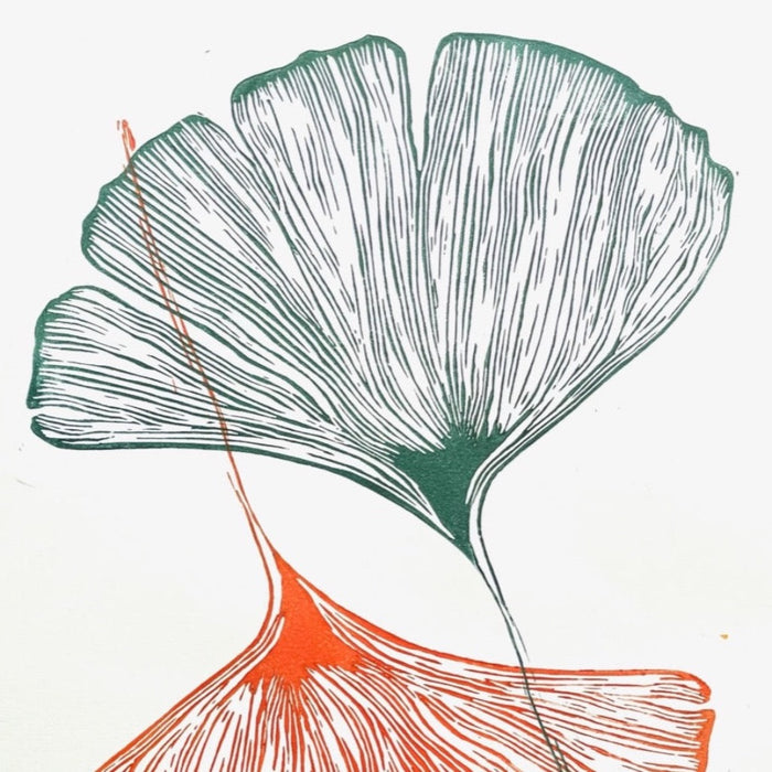 Egon Hofer, Ginkgo Biloba, Leaf Twins, druck, print, Japan, Johann Wolfgang von Goethe, Goethe, Ginkgo Gedicht, orange and green, etching, floral art, TOMs FLOWer CLUB, TOMs ART FLOWer CLUB