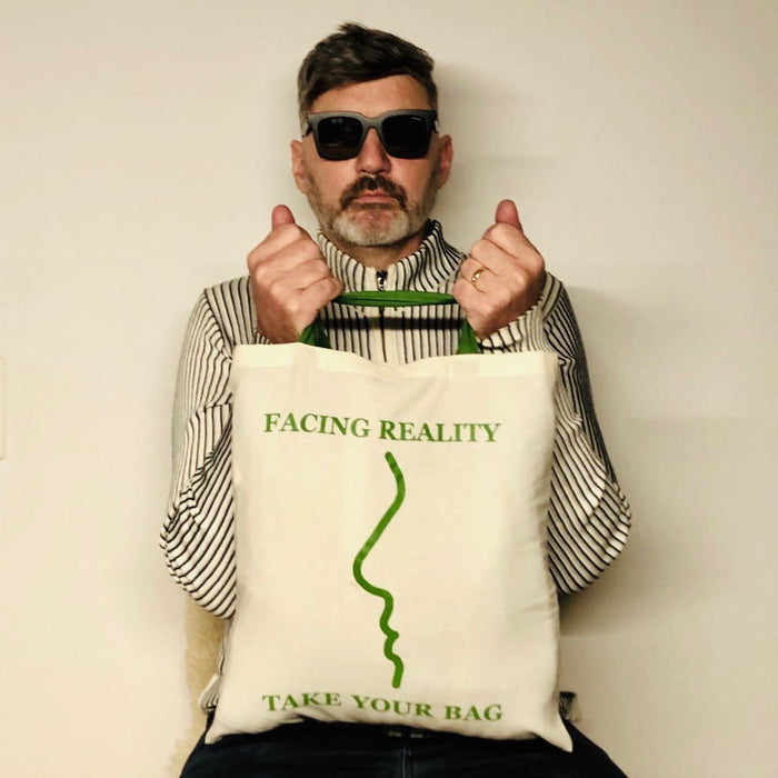 FACING REALITY Tote Bag – Organic Cotton - Fair Trade - beige bag with green handle - 38 x 42 cm