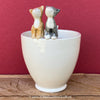 White, hand made, unique, ceramic plant pot without drain hole with one ginger and one black cat on the pot top directly from the artist's work shop, offered for sale by TOMs FLOWer CLUB.