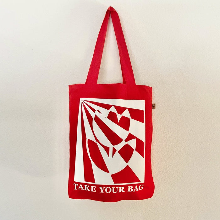 Red TAKE YOUR BAG with white TULIP design by TOMs FLOWer CLUB made of 100% organic cotton, EarthPositive® certified, various colours, Swiss designed, premium quality, world wide shipping.