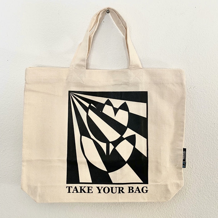 Beige TAKE YOUR BAG with black TULIP design made of 100% organic cotton, NEUTRAL® and FAIRTRADE® certified.