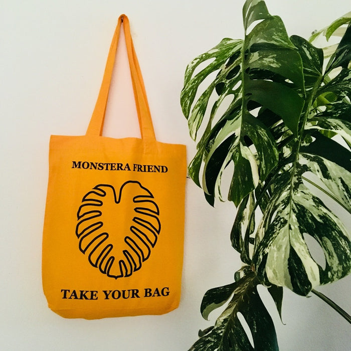 Monstera, Monstera friend, Baumwolltasche, Stofftasche, tote bag, shopping bag, TOMs FLOWer CLUB, TAKE YOUR BAG, organic cotton, bio Baumwolle. Einkaufen, Einkaufstasche , yellow bag, gelbe Tasche