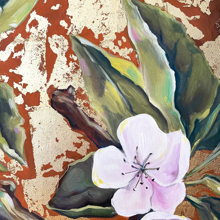 Michal Stegena, Cherry Blossom in Gold, 2011, acrylic mixed media on canvas, 50 x 50cm, for sale at TOMs FLOWer CLUB.