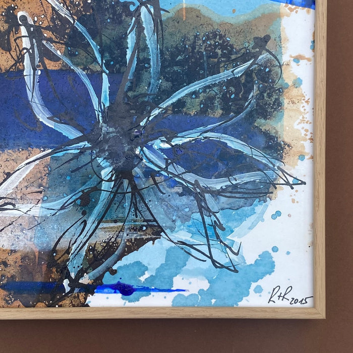 Robert Süess, Floral Abstraction III, 2015, acrylic mixed media on paper, 20 x 20cm, with wooden frame, behind museum quality glas, for sale at TOMs FLOWer CLUB.