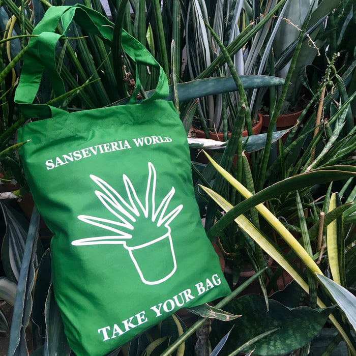 TAKE YOUR BAG, green bag, grüne Tasche, tote, totes, shopping bag, sansevieria, Schiegermiutterzunge, snake plant, sansevieria world, botanischer garten, botanical garden, TOMs FLOWer CLUB, organic cotton, NEUTRAL® and FAIRTRADE®