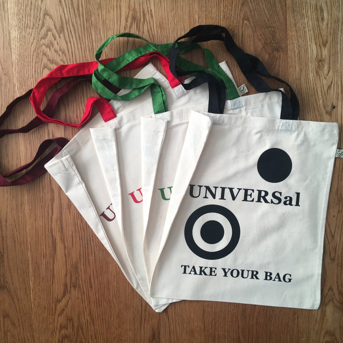 UNIVERSal Tote Bag – Organic Cotton - Fair Trade - beige bag with black handle - 38 x 42 cm