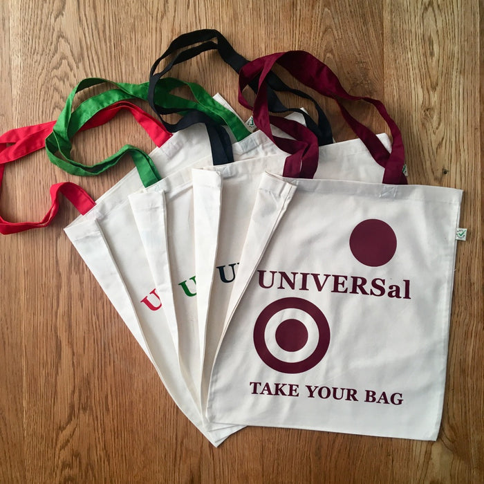 UNIVERSal Tote Bag – Organic Cotton - Fair Trade - beige bag with burgundy handle - 38 x 42 cm