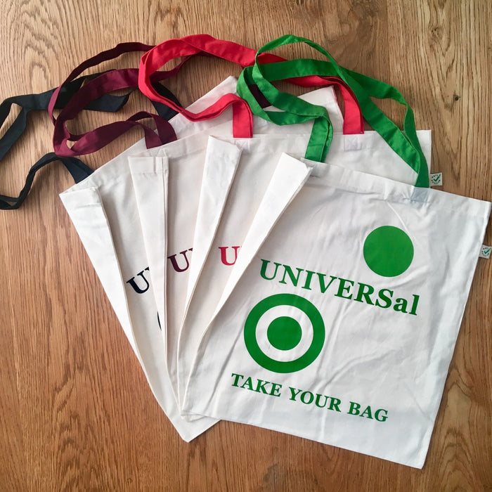 UNIVERSal Tote Bag – Organic Cotton - Fair Trade - beige bag with green handle - 38 x 42 cm