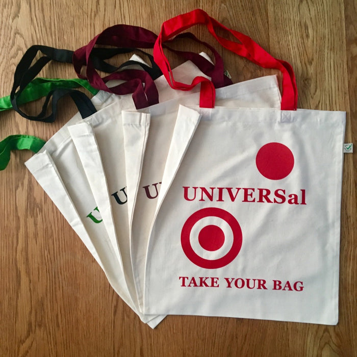 UNIVERSal Tote Bag – Organic Cotton - Fair Trade - beige bag with red handle - 38 x 42 cm